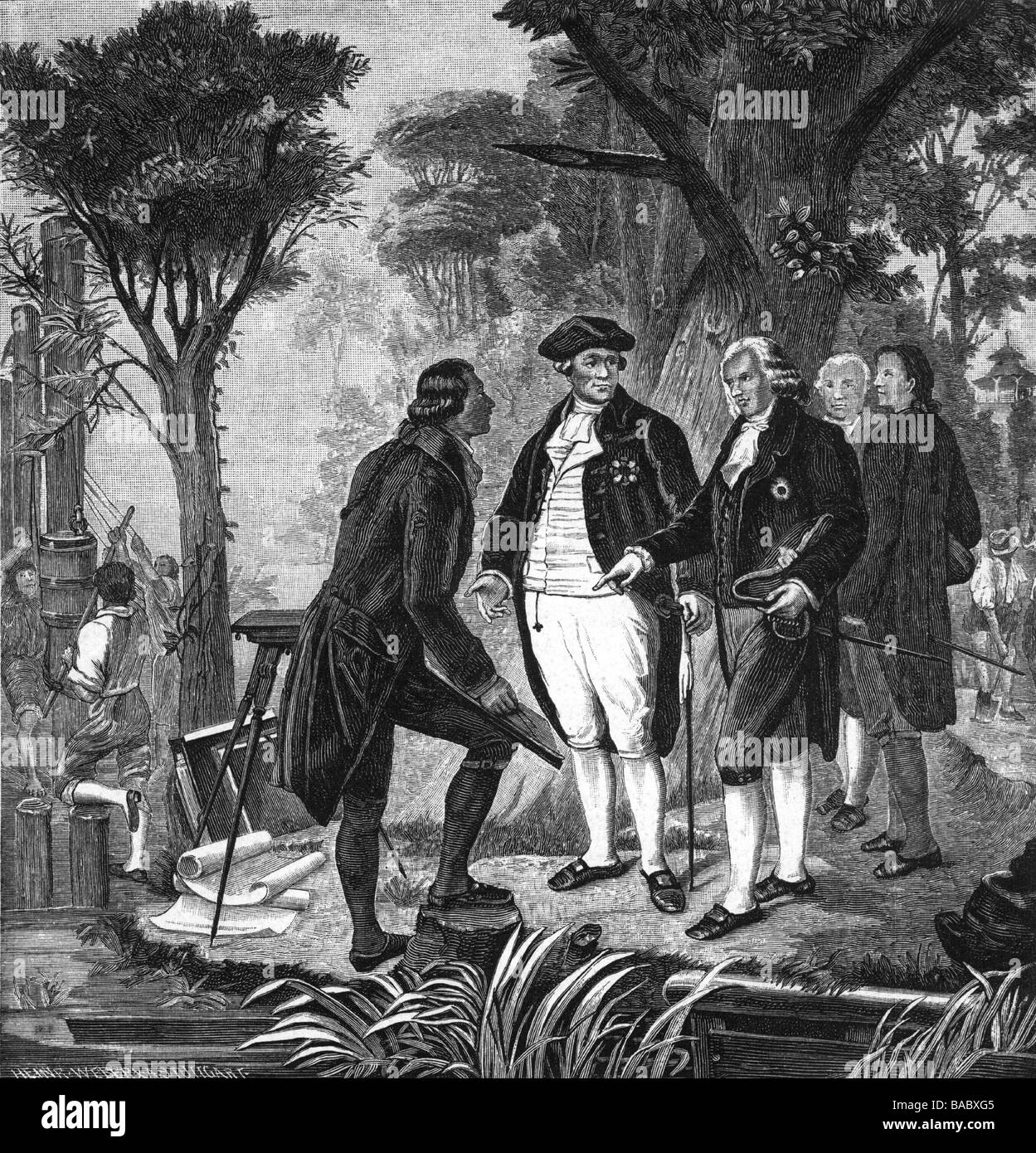 Charles Theodore, 11.12.1724 - 16.2.1799, Kurfürst von Bayern, 77.999, volle Länge, mit Sir Benjamin Thompson, Graf Rumford bei der Entstehung des Englischen Gartens (Englischer Garten) in München, Holzgravur von Heinrich Weber, Stuttgart, 19. Jahrhundert, Stockfoto