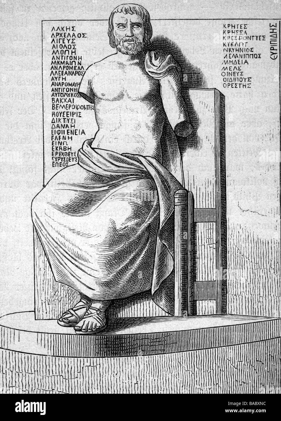 Euripides, ca. 484 - 406 v. Chr., griechische Dichterin, voller Länge, sitzend, Holzgravur, 19. Jahrhundert, nach Statue, Louvre, Paris, Stockfoto