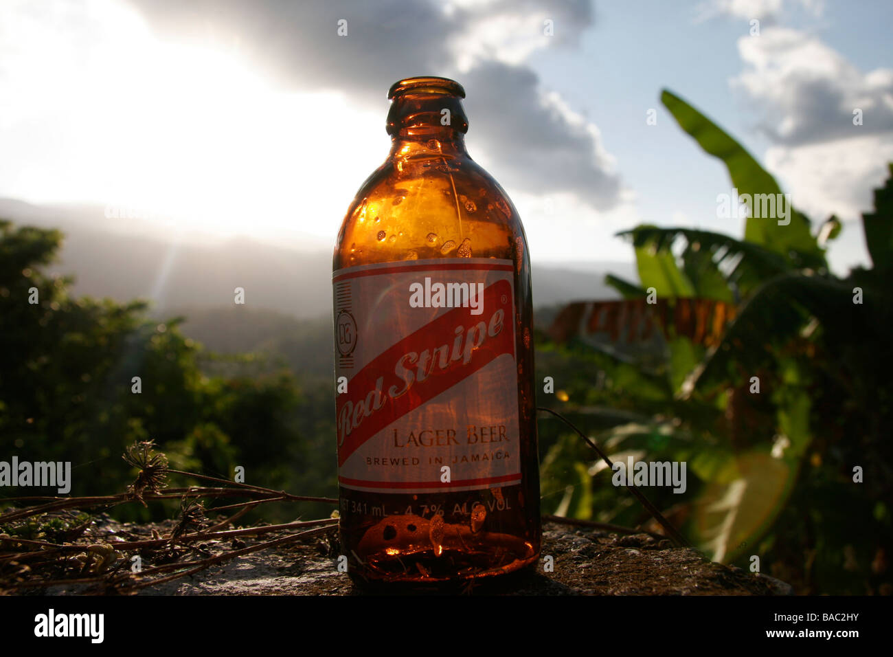 Red Stripe Flasche gegen jamaikanische Berge Stockfoto