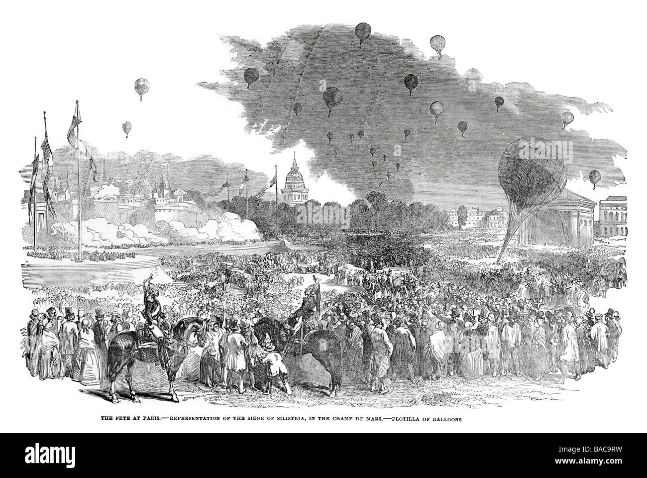 Fete bei Paris Darstellung der Belagerung von Silistria im camp de mars Flottille von Ballons 1854 Stockfoto