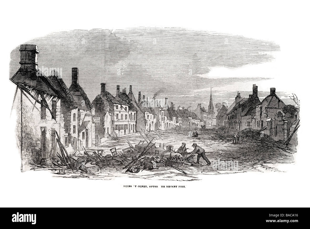 Ruinen in Olney nach den letzten Feuer 1854 Montag, 26. Juni 1854 erlitt verheerende Feuer westlichen High Street verbrannt Stockfoto