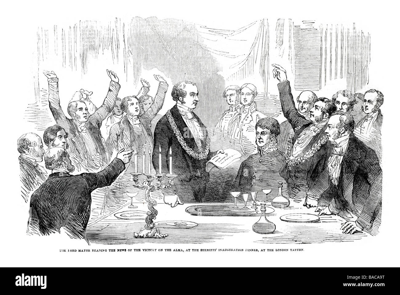 Lesen die Nachricht vom Sieg der Schlacht von Alma die Sheriffs Einweihung abends in der Taverne London 1854 Oberbürgermeister Stockfoto