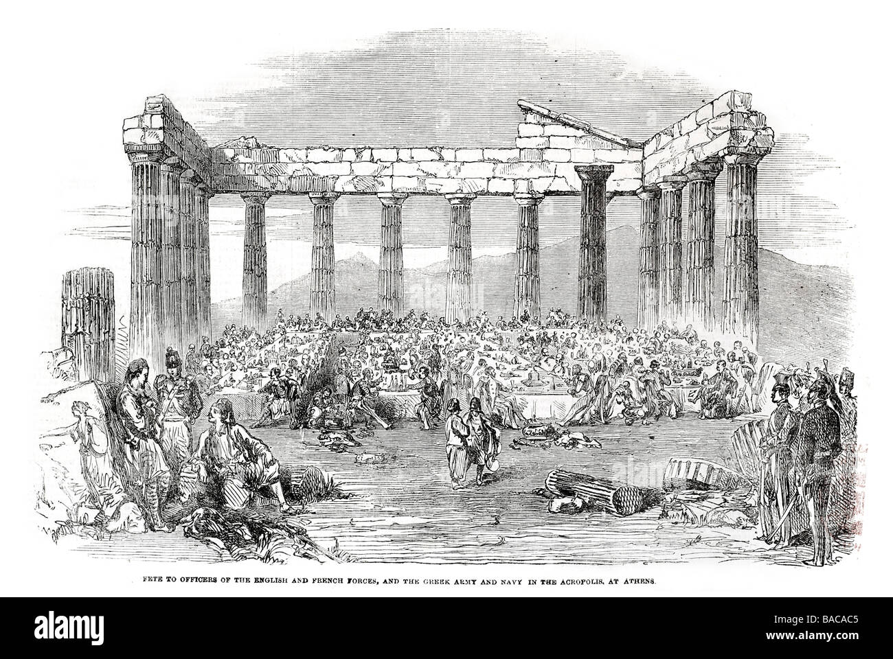 Namenstag für Offiziere der englischen und französischen Kräfte und die griechische Armee und Marine in der Akropolis in Athen 1854 Stockfoto