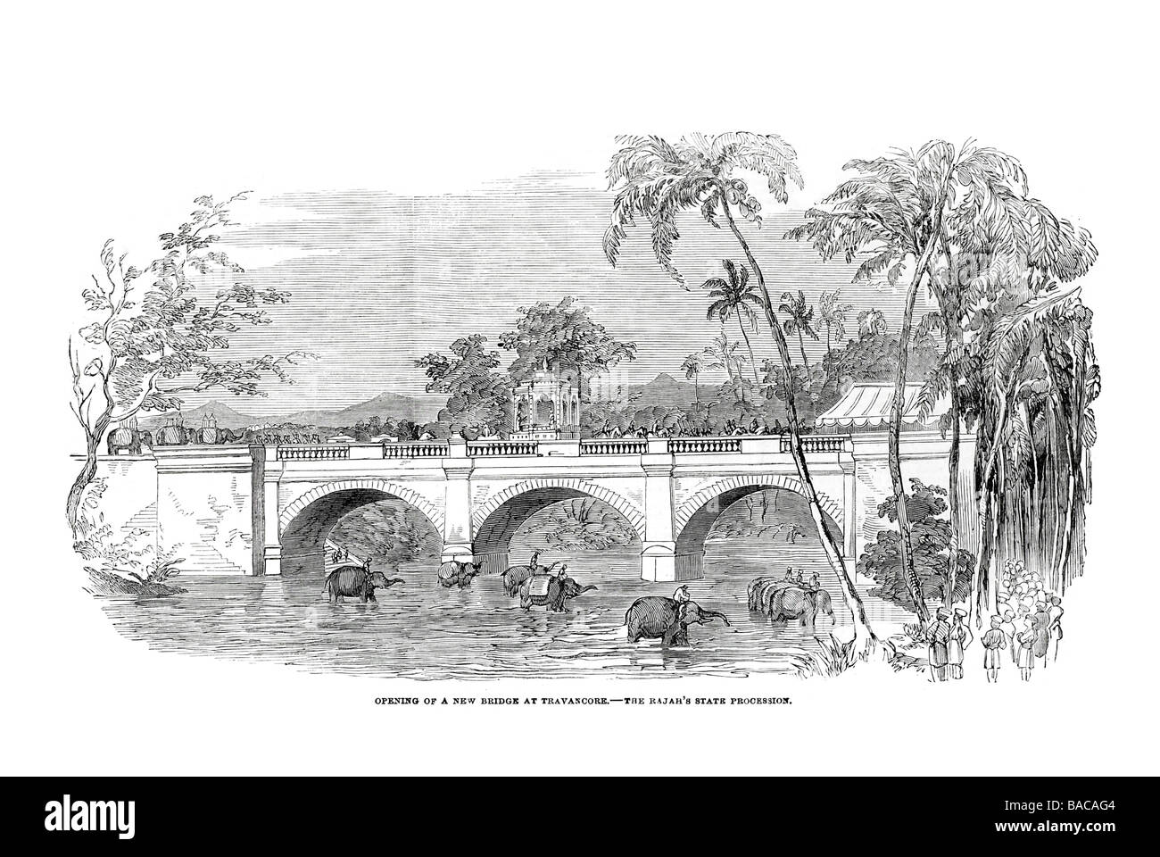 Eröffnung einer neuen Brücke bei Travancore Zustand der Rajah Prozession 1854 Stockfoto