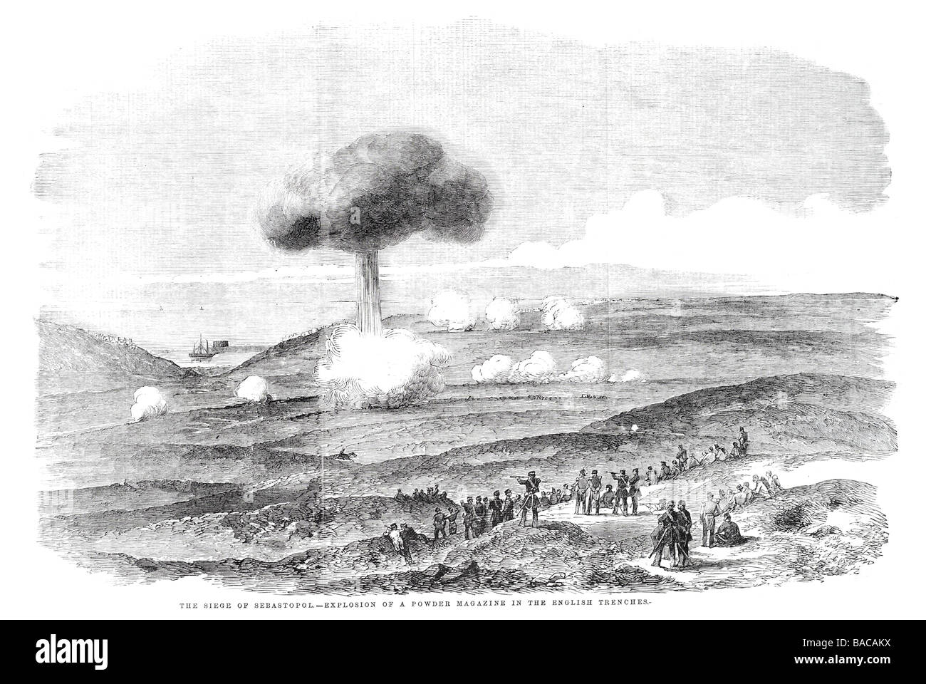 Belagerung von Sewastopol Explosion von einem Pulvermagazin in den englischen Gräben 1854 Stockfoto