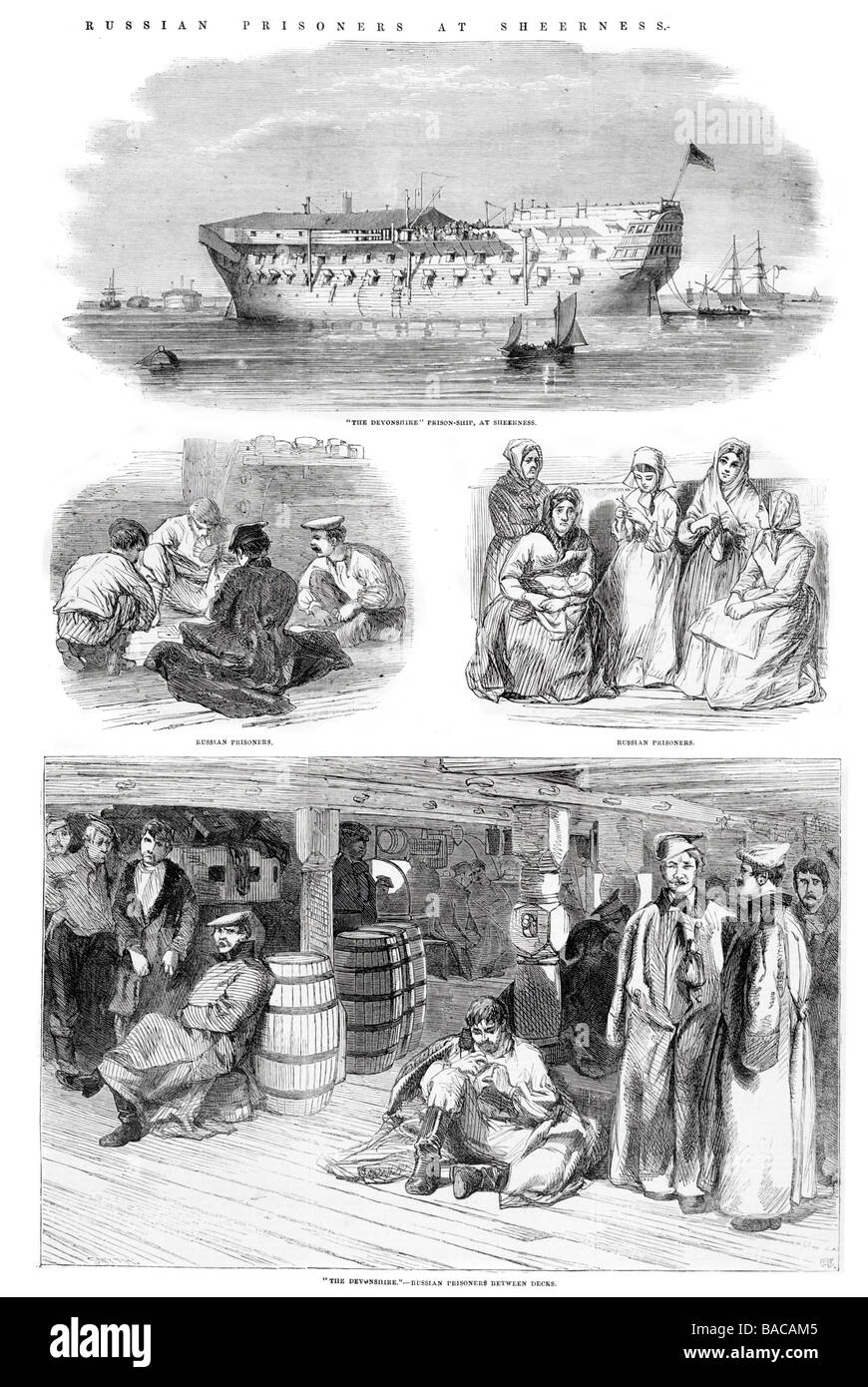 russische Kriegsgefangene bei Sheerness Devonshire Gefangene Schiff zwischen den Decks 1854 Stockfoto
