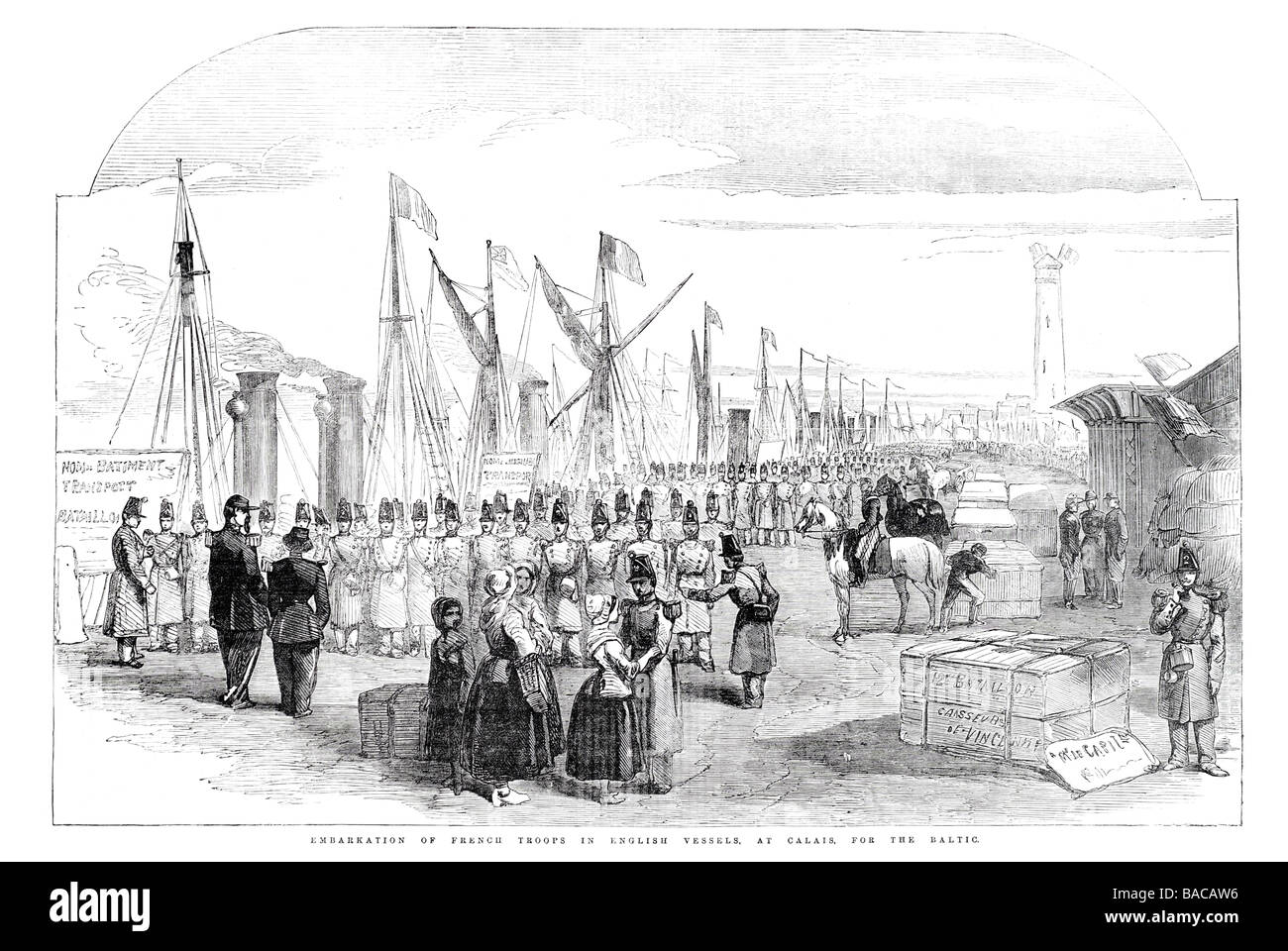 Einschiffung der französischen Truppen in englischen Schiffe bei Calais für die baltischen 1854 Stockfoto