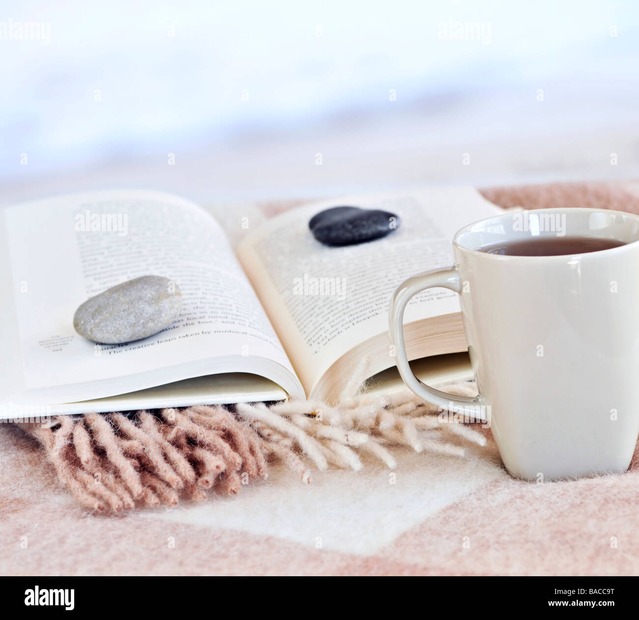 Entspannen mit einem Buch und eine Tasse Tee am Strand Stockfoto