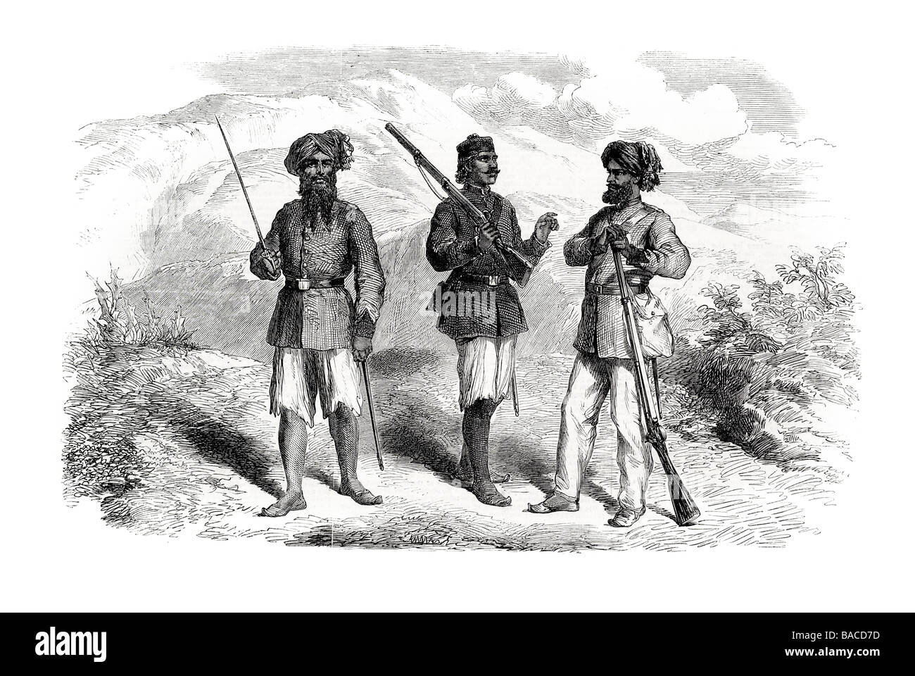 einheimischen Truppen auf der Bengalischen Armee beschäftigt in Britisch-Indien Reich Nord-Ost Indien 1865 bhootan Stockfoto