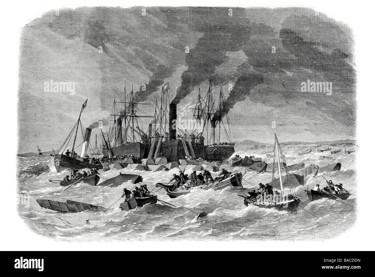 Szene auf der Themse, während der Sturm am Sonntag März 19 Port Hafen Küste Dock Segel Segelboot Schiff Windwellen 1865 Stockfoto