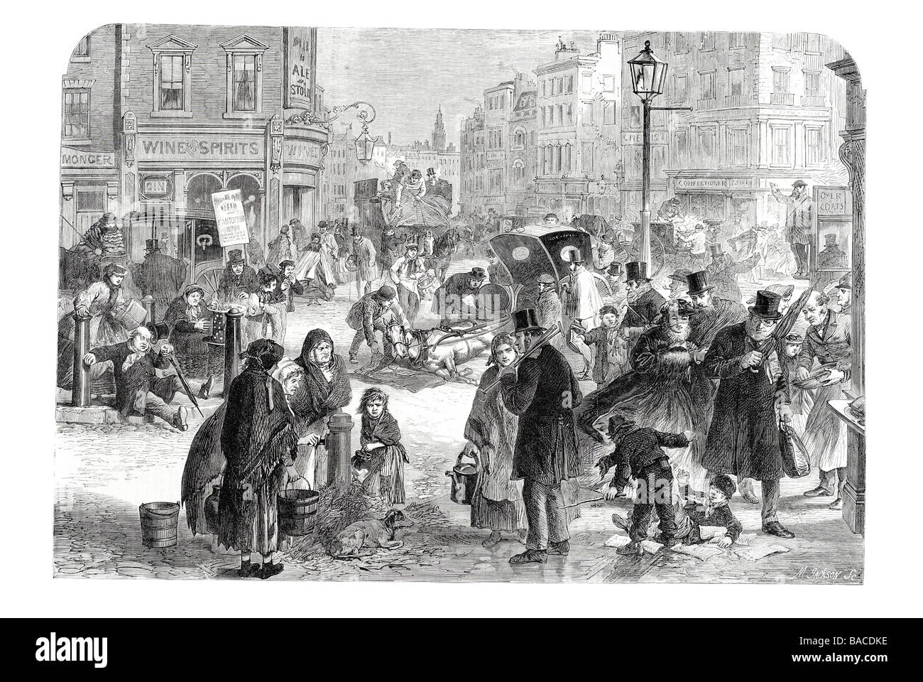 ein harter Frost in den Straßen von London 1865 Eis einfrieren Winter Schnee Weihnachten kalt chill Graupel Stockfoto