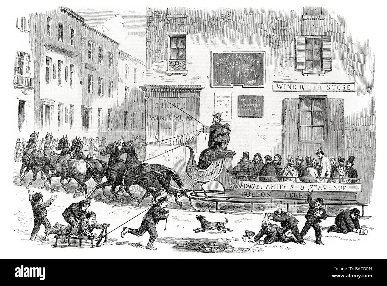 ein Omnibus Schlittenfahrten New York 1865 Weihnachten Schneesturm sechs Pferde Stockfoto