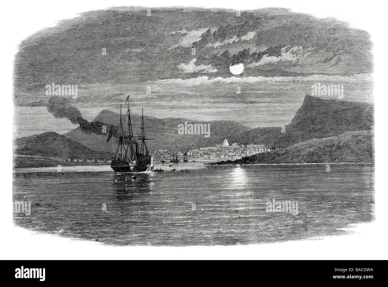 Jacmel Hayti 1865 Westindien Schiff Nacht Französisch Karibik Republik Haiti Hafen Hafen Küste Dock Segelschiff Segelboot wind Stockfoto
