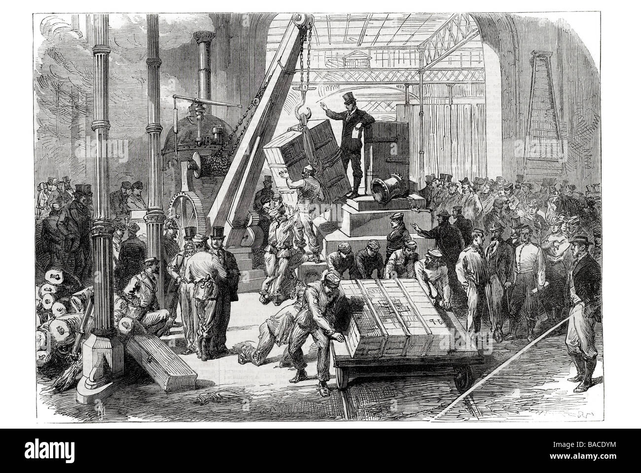 internationale Ausstellung in Paris die Lokomotive Kran am arbeiten 1867 Champ de Mars Universelle Stockfoto