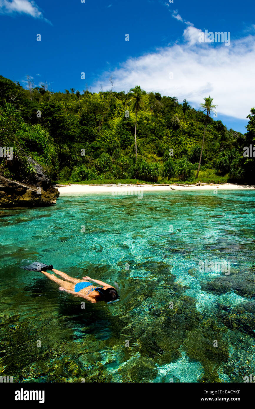 Schnorcheln in Papua, Indonesien, weibliche Taucher, Raja Empat, Bikini, klares Wasser, Flachwasser, Fotosub, gute Sicht, Stockfoto