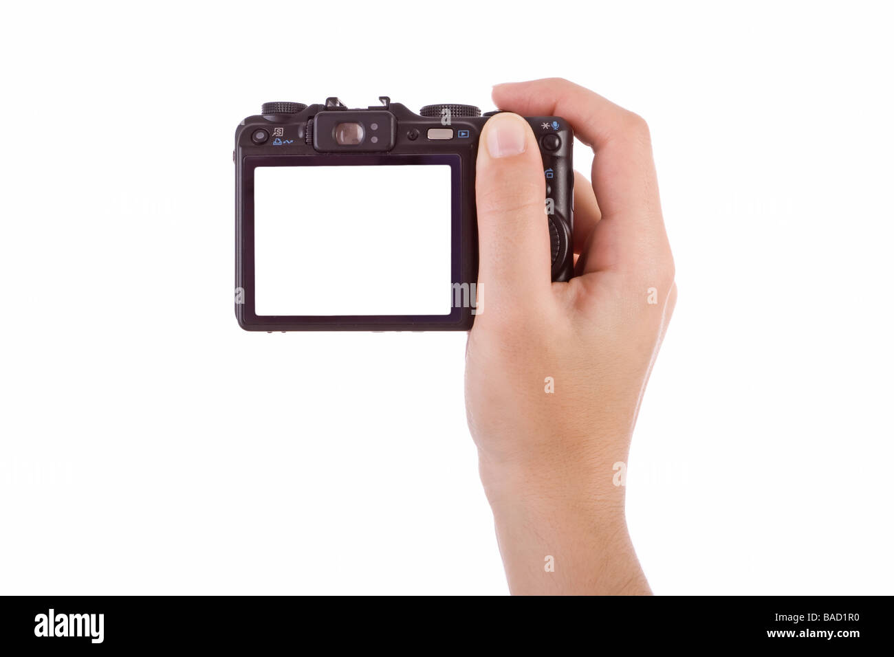 Fotografieren mit einer digitalen Kamera, isoliert auf weiss Hand Stockfoto