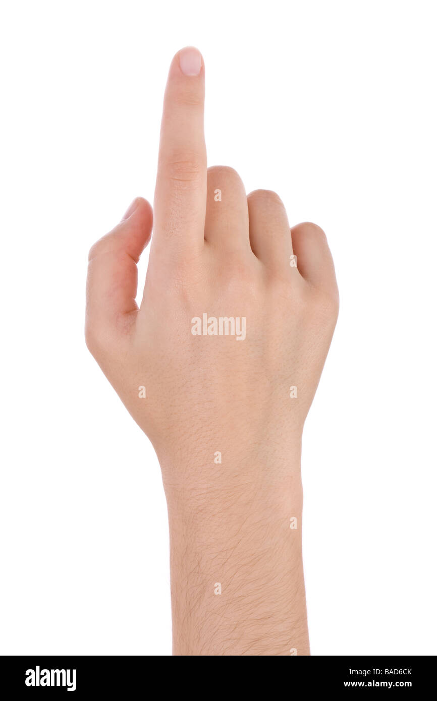 Hand, die zeigt, berühren oder drücken auf weiß isoliert. Kaukasische weiblich. Stockfoto