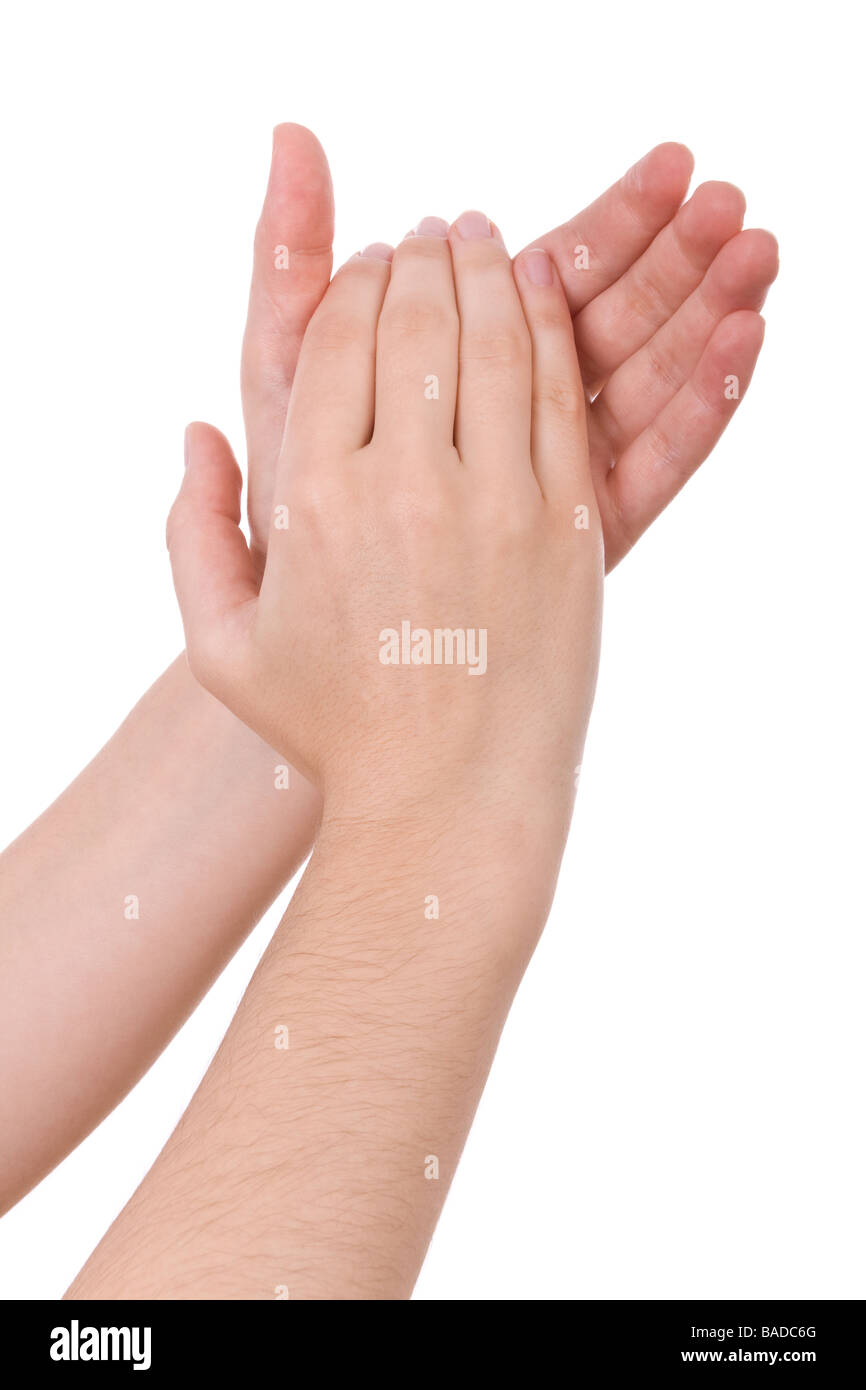 Hände, die applaudieren isoliert auf weißem Hintergrund Stockfoto