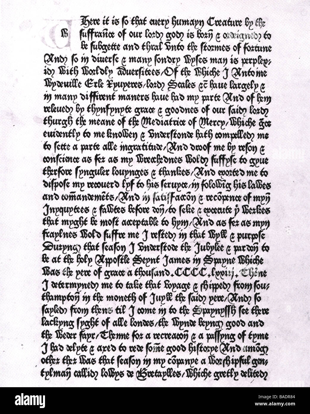 WILLIAM CAXTON eine Seite aus seinem Dictes und Sayenges von der Phylosophers im Jahre 1477 veröffentlicht das erste Buch in England gedruckt Stockfoto