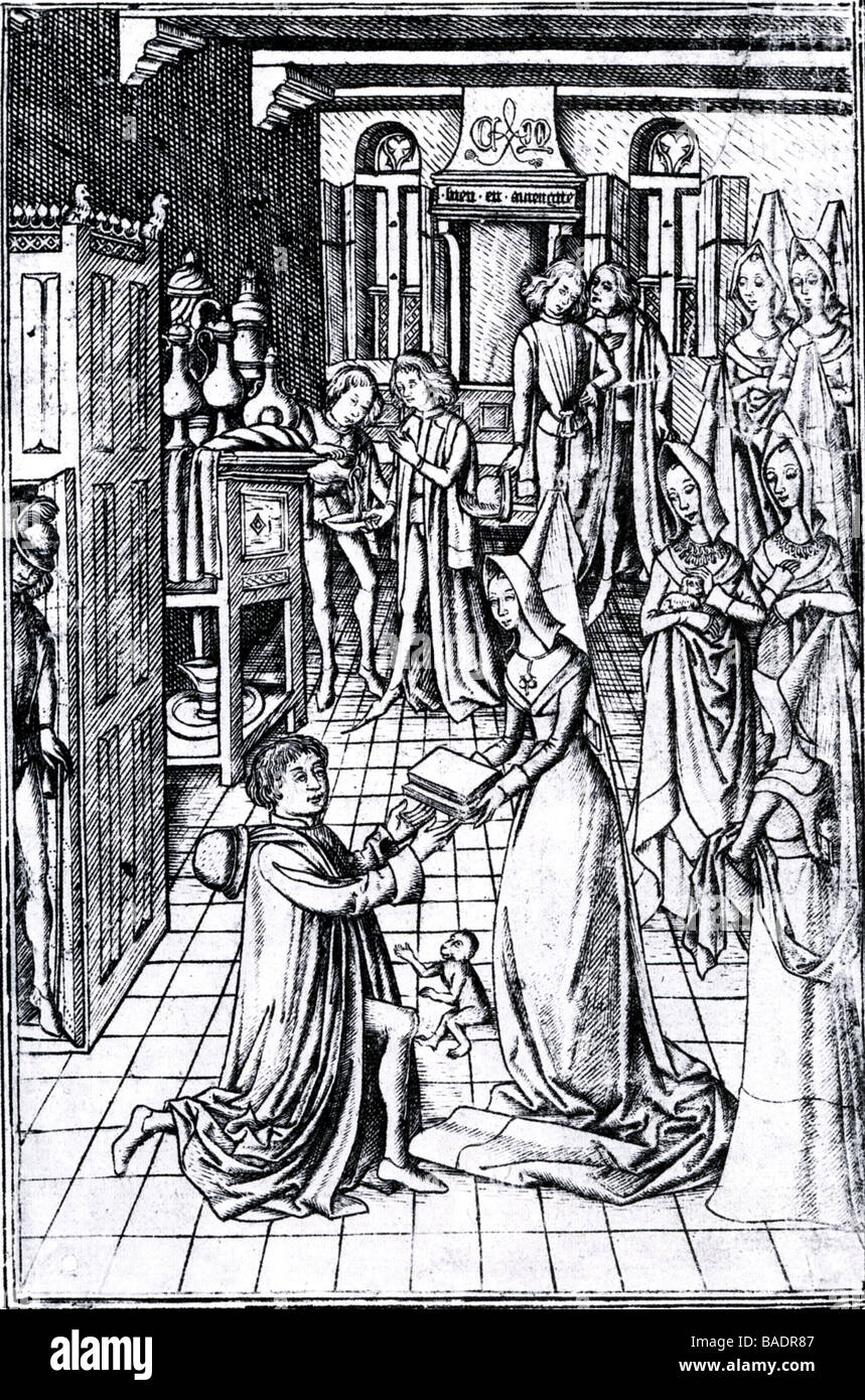 WILLIAM CAXTON präsentiert seine Übersetzung von der Recuyell die Geschichte von Troja, Margareta von York im Jahre 1475 Stockfoto