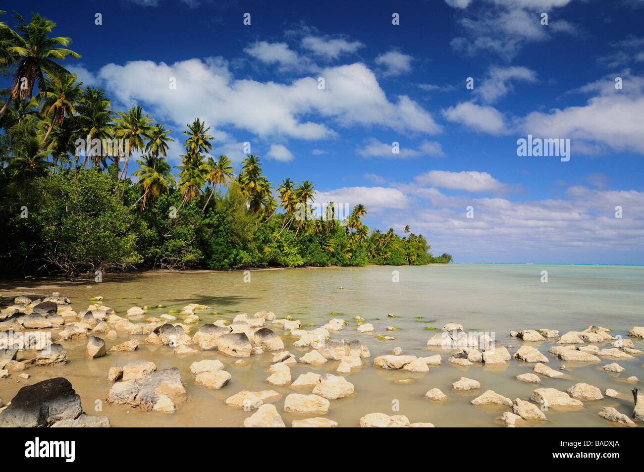 Felsen in Küstengewässer, Aitutaki, Cook-Inseln Stockfoto