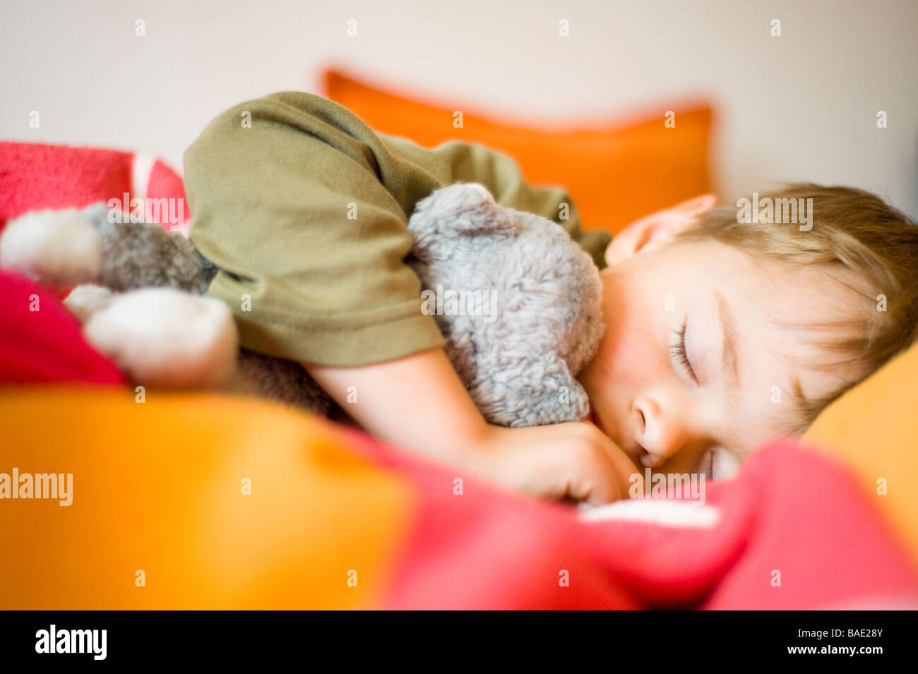 Jungen schlafen Stofftier mit gedrückter Stockfoto