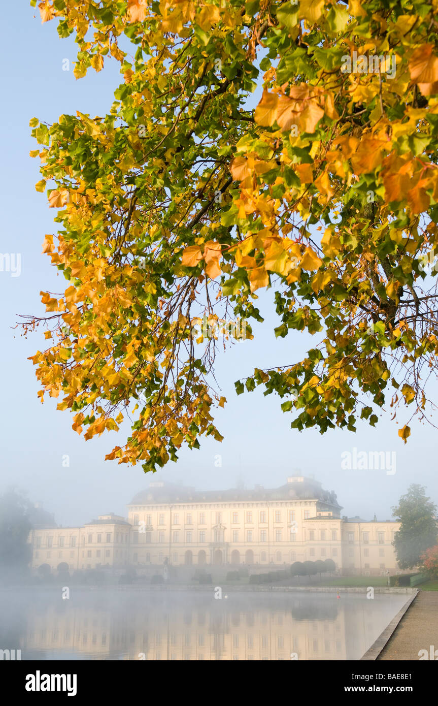 Burg im frühen Morgennebel ein Herbsttag. Stockfoto