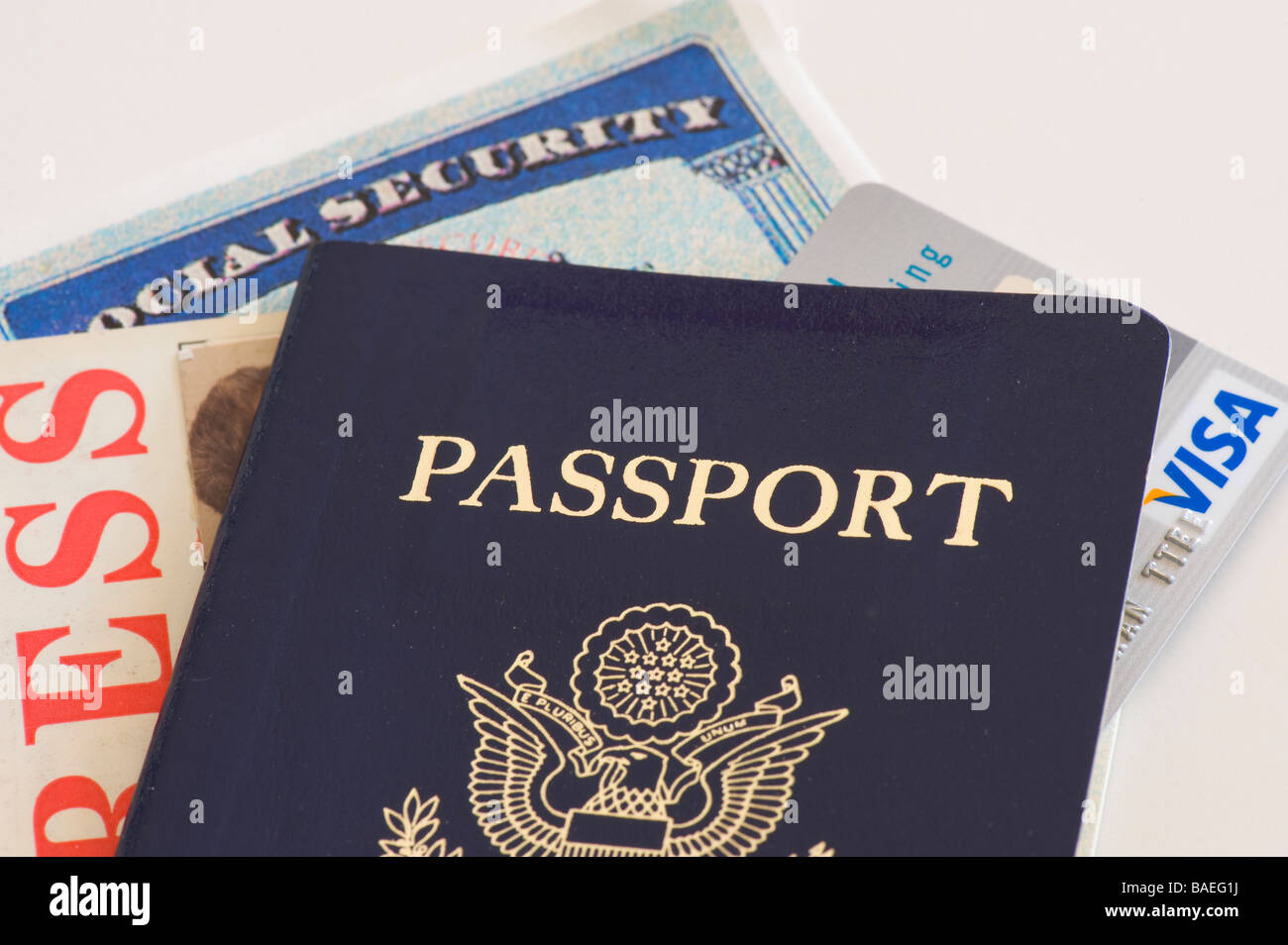Reisepass-Presseausweis Sozialversicherung Karte Kreditkarte Stockfoto