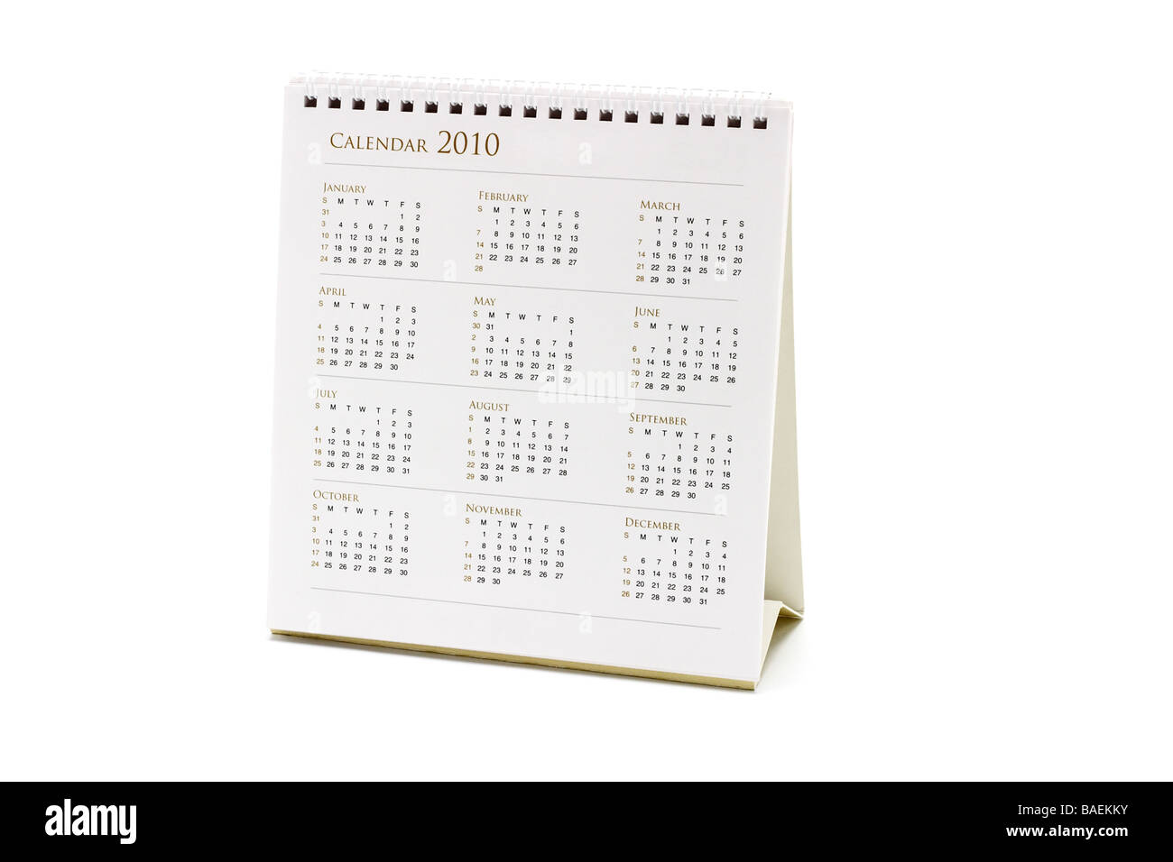 Desktop-Kalender 2010 auf weißem Hintergrund Stockfoto