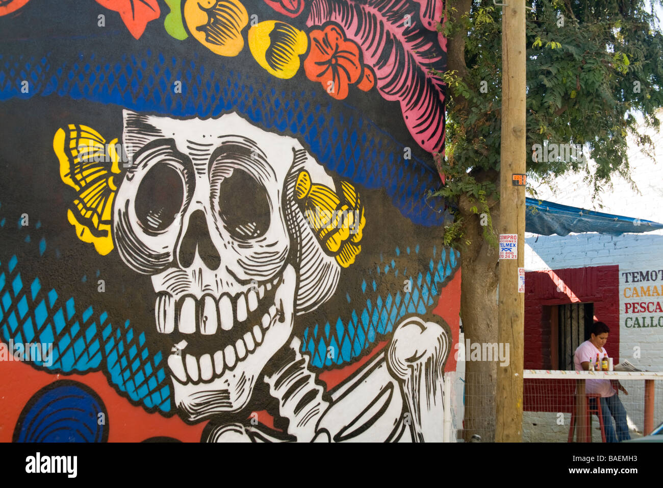 San Jose del Cabo in Mexiko weibliches Skelett mit ausgefallenen Hut gemalt auf Seite des Gebäudes im Wandbild Mexikanerin sitzen Stockfoto