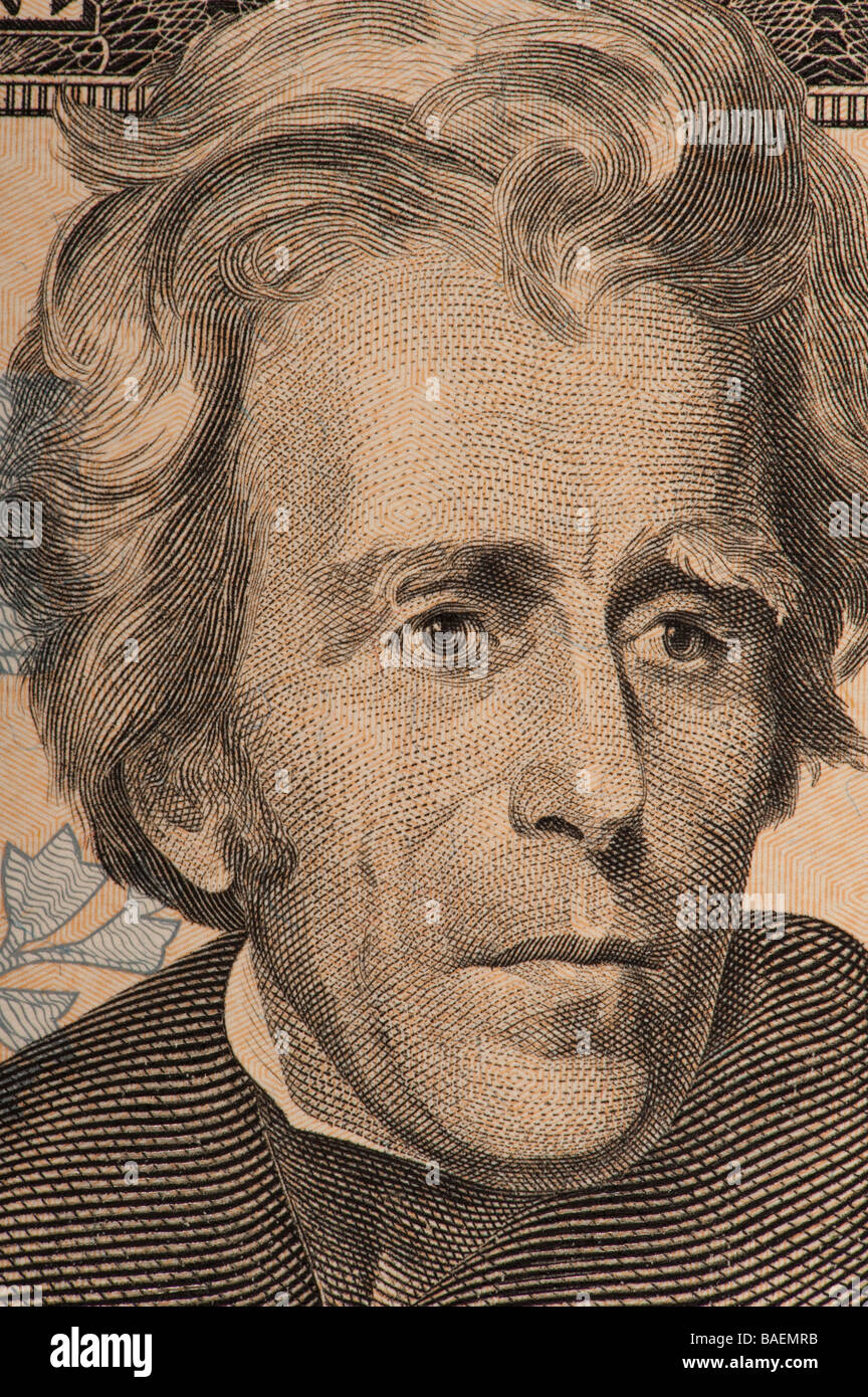 Closeup Präsident Andrew Jackson auf $20,00 Rechnung Stockfoto