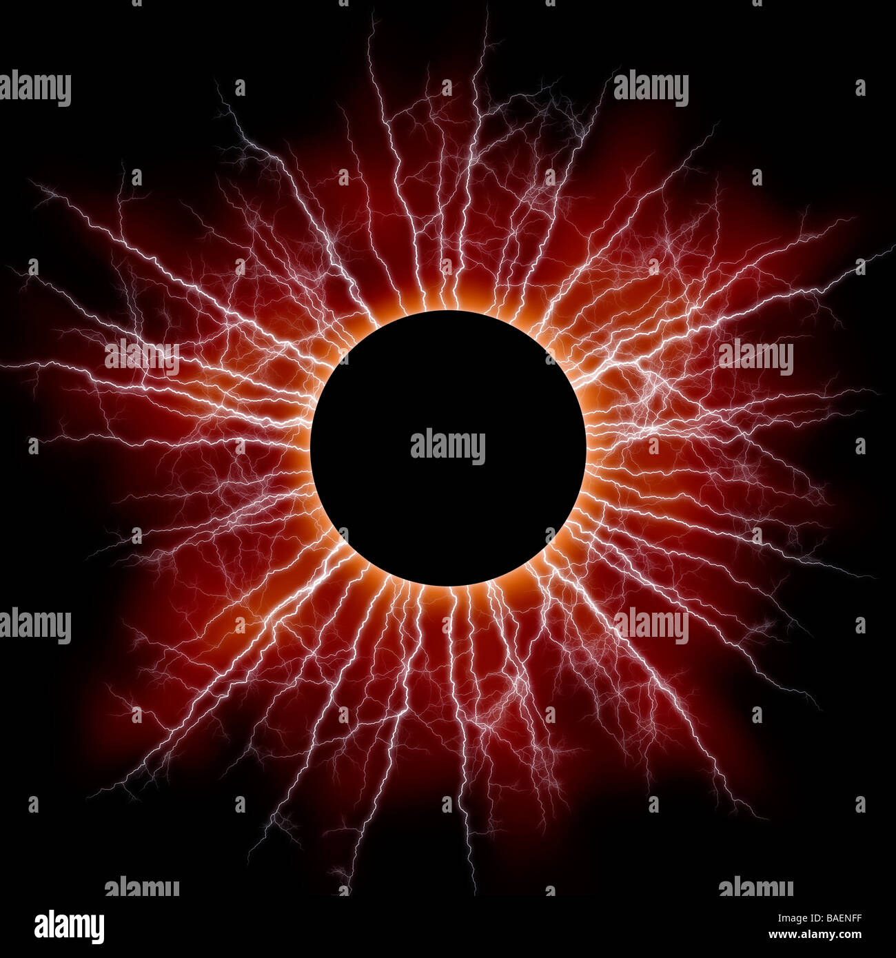 Abstraktes Bild - schwarze Sterne und rote Corona mit Beleuchtung Stockfoto