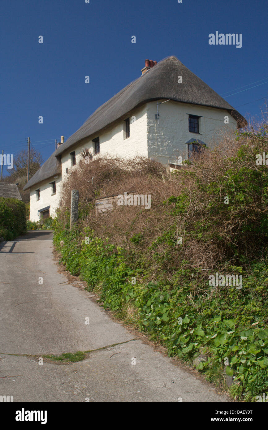 Reetdach-Ferienhaus in Kirche Bucht, in der Nähe von The Lizard, Cornwall, England Stockfoto