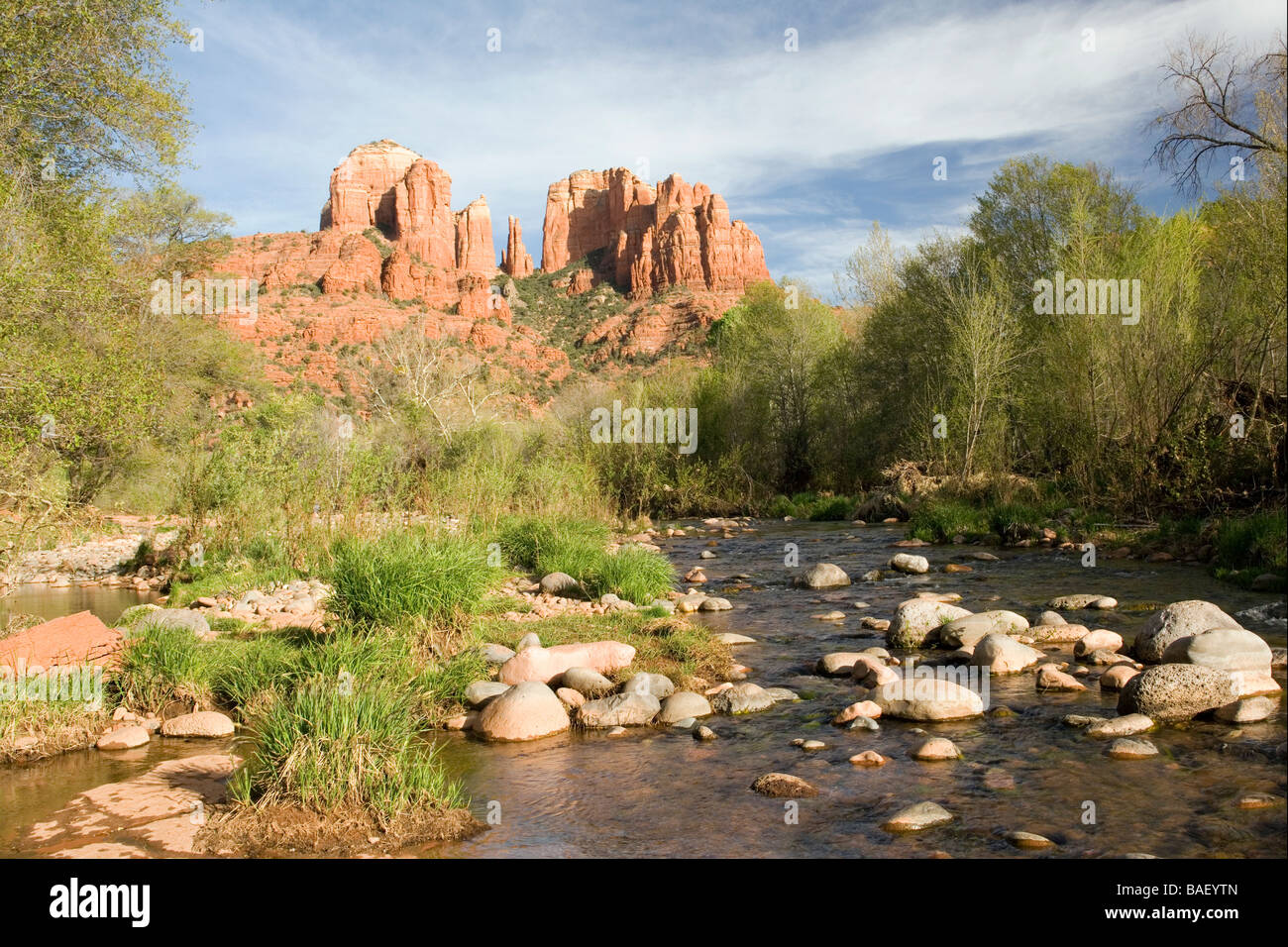 Cathedral Rock Blick auf Mondsichel Ranch - Sedona, Arizona Stockfoto