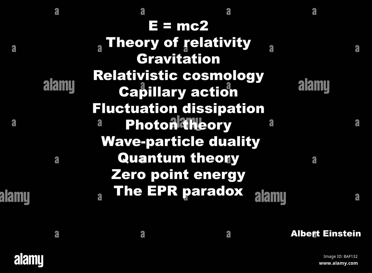 Schwarzes Brett mit Theorien der Physiker Albert Einstein in weißer Kreide Stil Schrift geschrieben Stockfoto