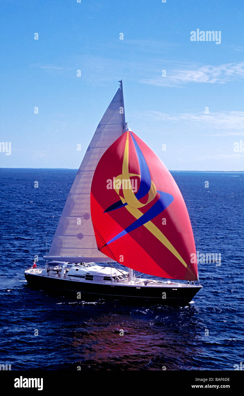 Mitseaah, Bahamas, Lp Architektur + Yacht Design Ltd, Mitseaah Ariel Segel Ansichtsmodus. Stockfoto