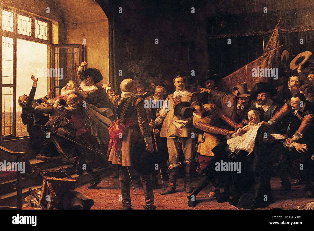 Tschechien, Prag, Malerei zeigt den Fenstersturz von Prag, dieses Ereignis markiert den Beginn des Dreißigjährigen Stockfoto