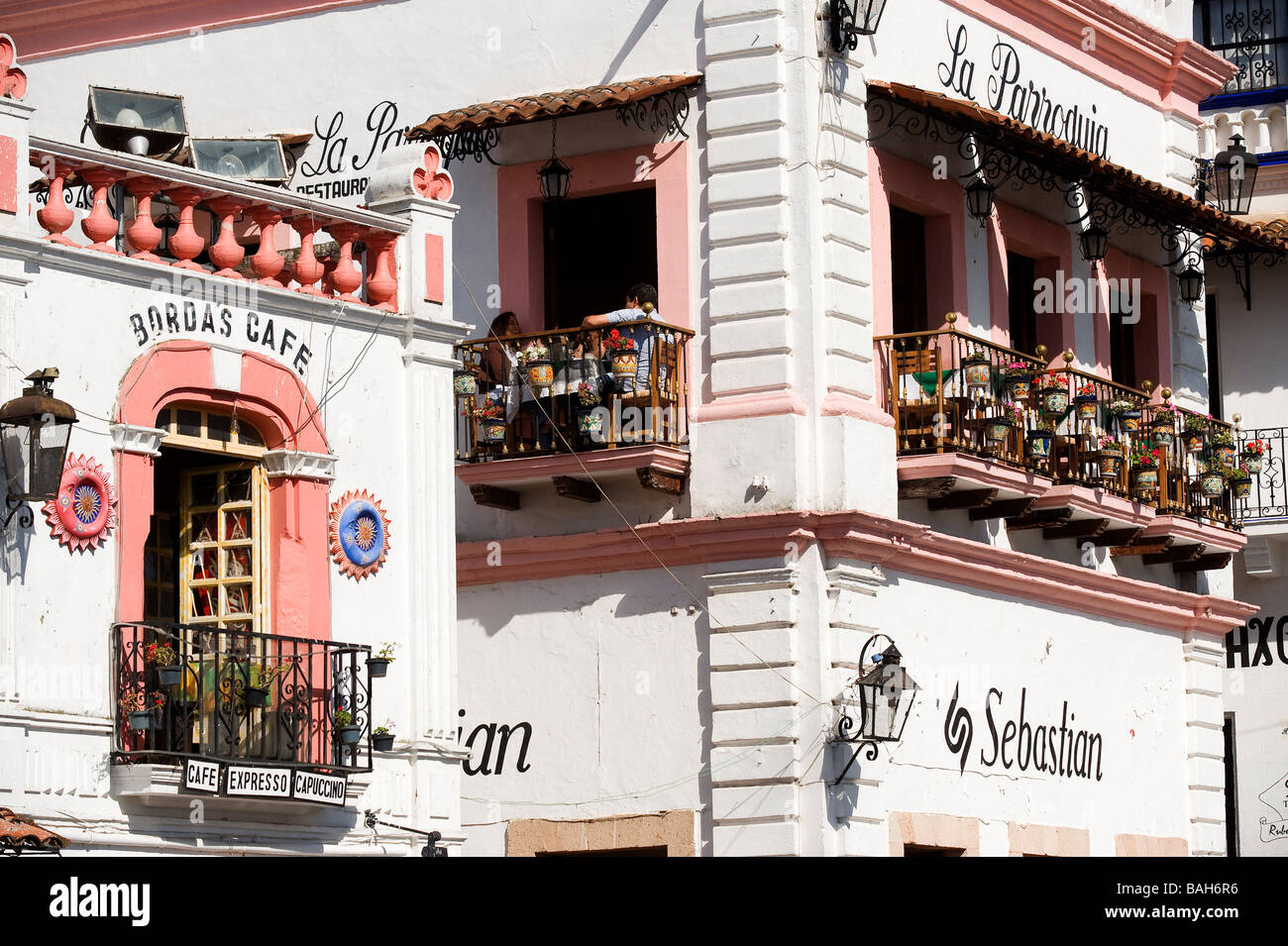 Mexiko, Guerrero Zustand, Taxco, Café Fassade mit Blick auf dem Zocalo Stockfoto