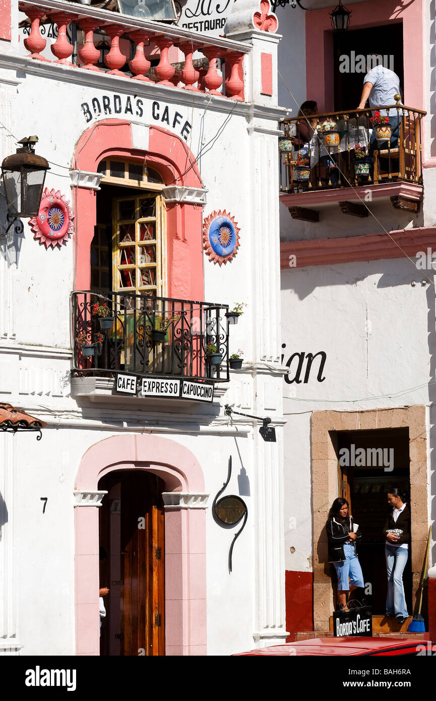 Mexiko, Guerrero Zustand, Taxco, Café Fassade mit Blick auf dem Zocalo Stockfoto