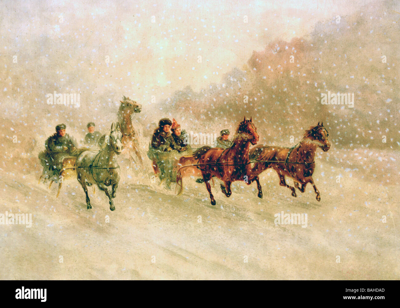 Schlitten, gezogen von Pferden durch Schnee] Stockfoto