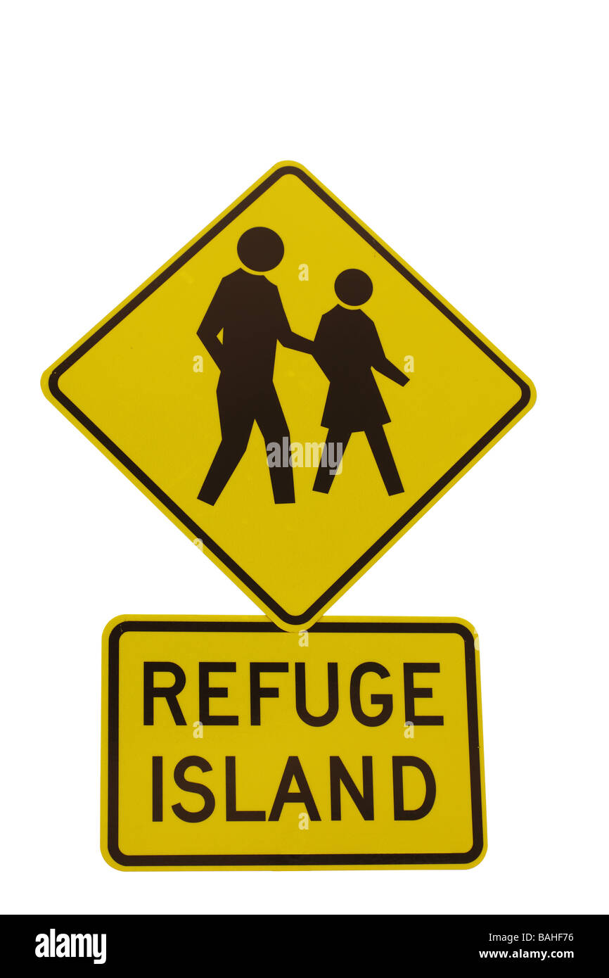 Straße Zeichen, die Details einer Fußgängerzone Zuflucht Insel voraus Stockfoto