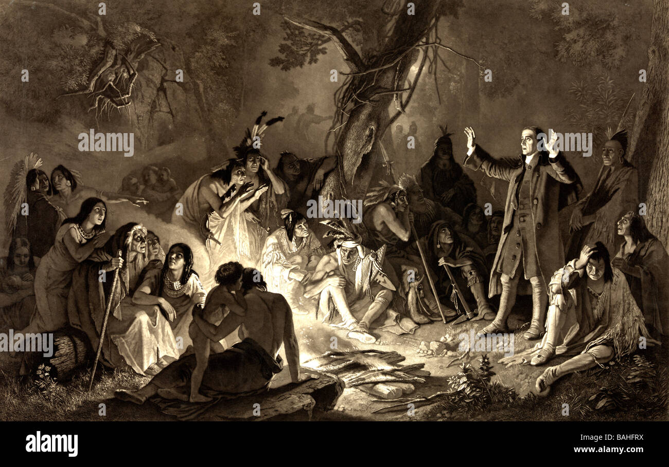 Zeisberger predigen zu den Indianern Stockfoto