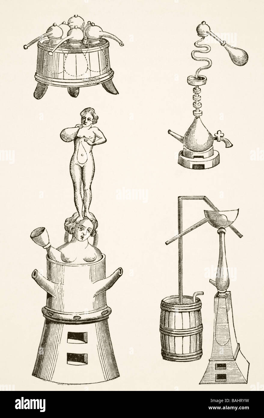 Ofenretorts, Destillationsapparate und Destillationsapparate für Chemiker und Alchemisten im 16. Jahrhundert. Stockfoto
