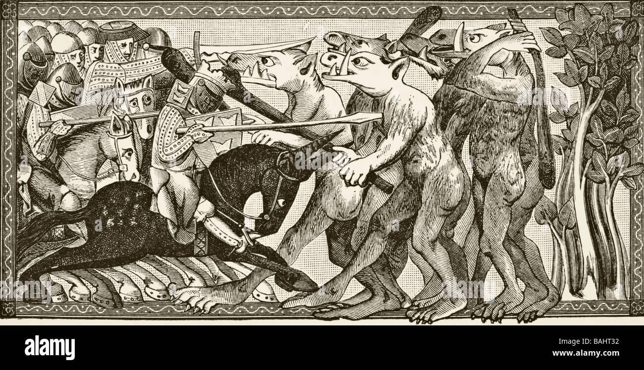 Wie Alexander mit Männern kämpfte, die Pferdeköpfe hatten und Rauch aus dem Mund erbrechen. Stockfoto
