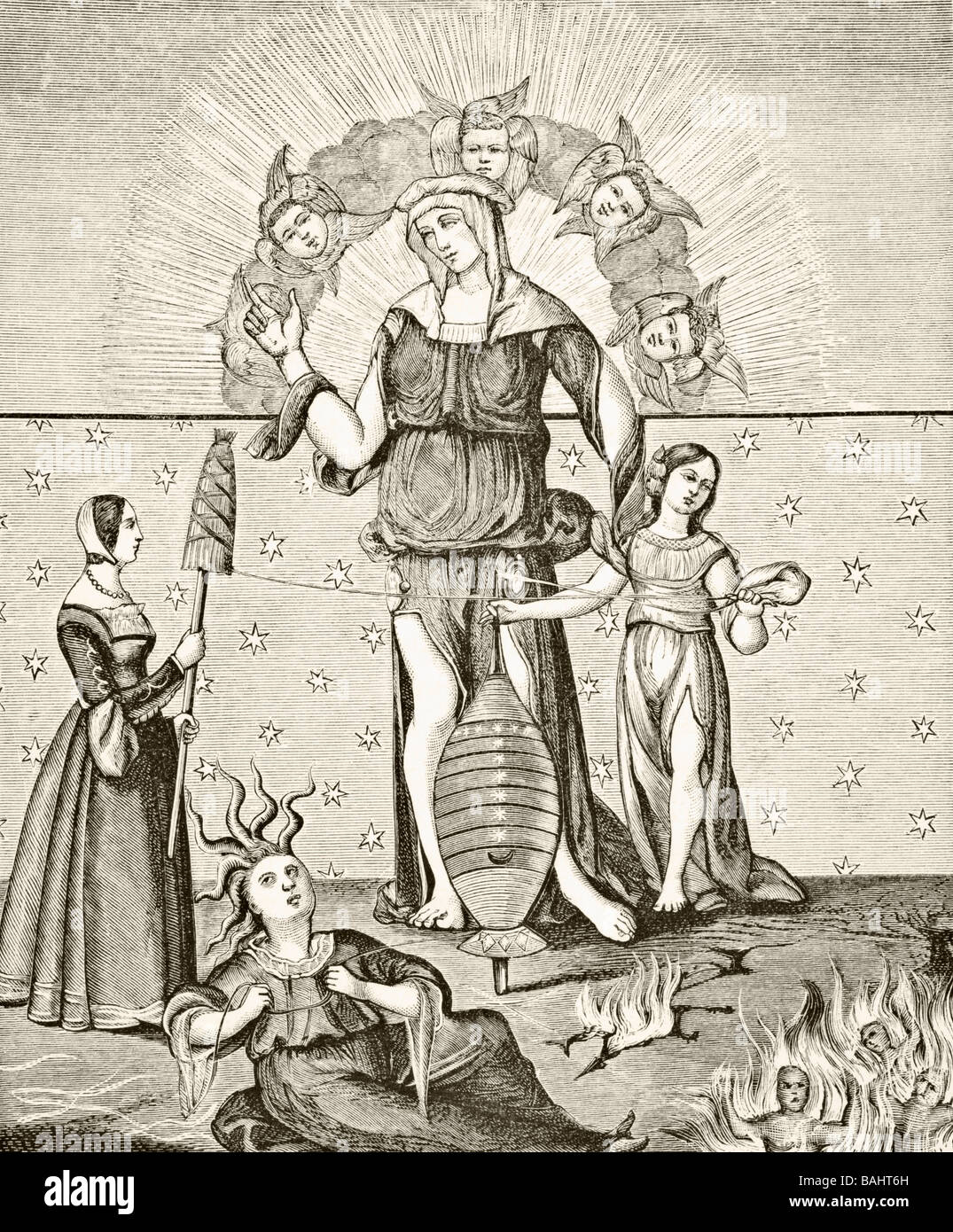 Das Bild der Dame Astrologie mit den drei Parzen Stockfoto