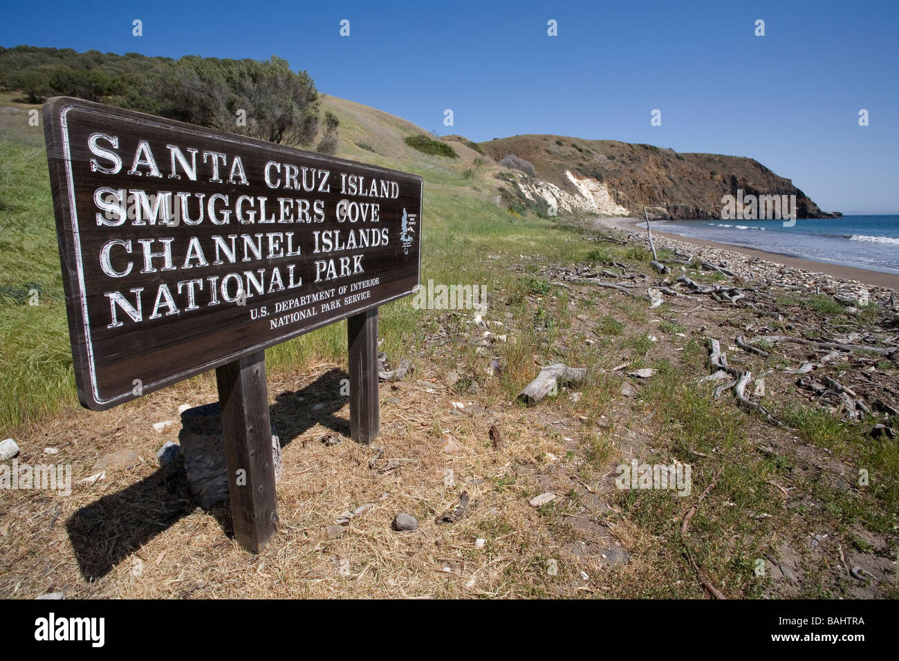 Schild am Smugglers Cove, Insel Santa Cruz, Channel Islands Nationalpark, Kalifornien Stockfoto