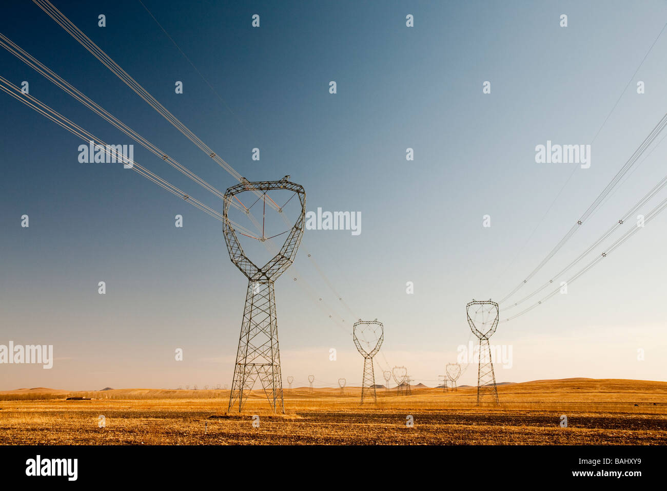 Elektrischen Leitungen Kreuzung Innere Mongolei, China Stockfoto