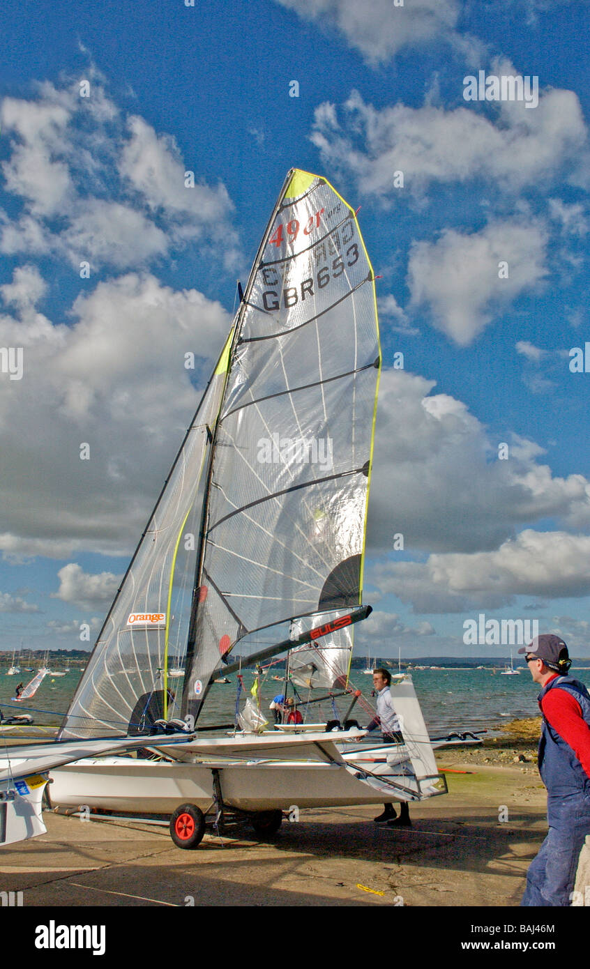 Internationalen Olympischen 49er-Klasse Segeln Skiffs Weymouth Portland Sailing Academy Dorset England UK olympischen Segeln Lage Stockfoto