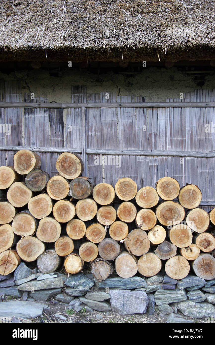 Gehacktes Holz außerhalb Chiiori eine strohgedeckte Hütte im Iya Tal Shikoku Japan Stockfoto