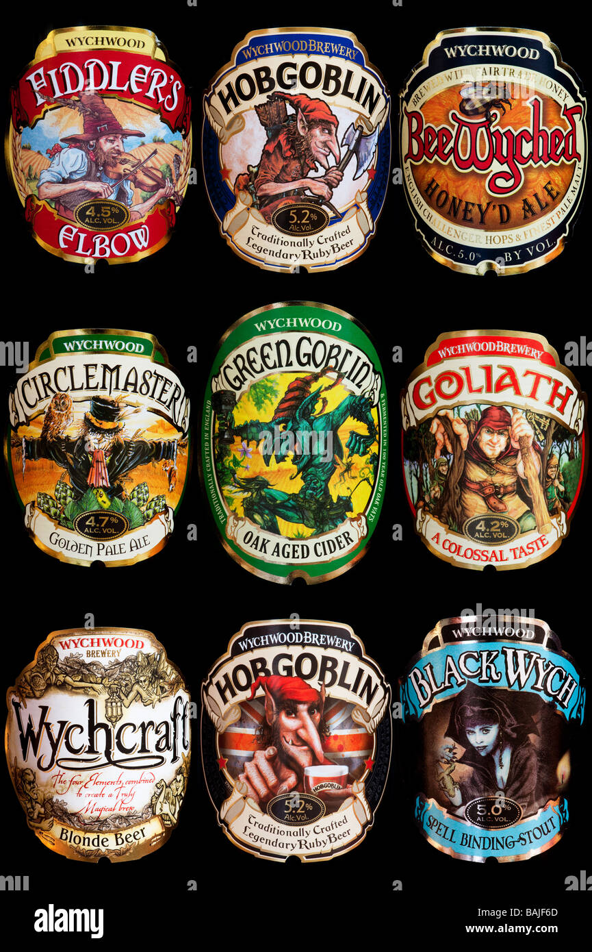 Wychwood Brauerei Bier-Etiketten. Englische echtes Ale Bier Flaschenetiketten Stockfoto